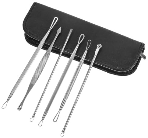 Herramienta para Puntos Negros 7 Piezas de Acero Inoxidable | Color Plata, Juego Portátil de 1 Set, Fácil de Guardar y Llevar, Pinzas para Sacar Espinillas y Granos