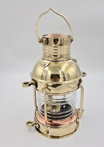 Lampada Lanterna Ottone Nave Olio Nautico Marittimo Barca Antica Luce Ancora Vintage