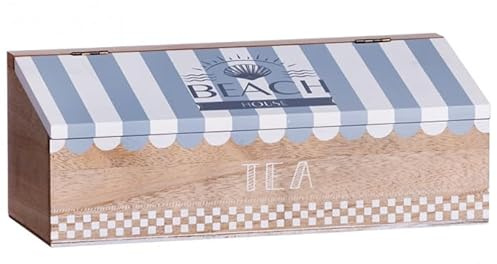 Scatola Porta bustine di tè, Tisane,infusi, in Legno MDF Verniciato,a Tema Marino,Contenitore Porta gioie, aoggetti,Caramelle, 30x12,5x12 Cm