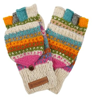 Pachamama Fingerlose Handschuhe für Damen, Wolle, handgestrickt, Punkte, Streifen, mehrfarbig, Einheitsgröße, handgefertigt, extra warm, Fair Trade, hellbeige, Einheitsgröße
