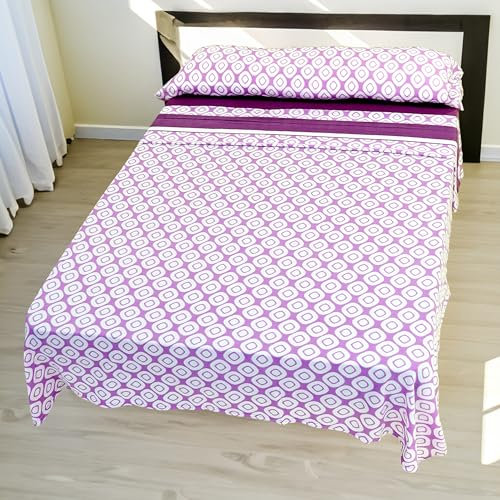Conjunto de Sábanas Térmicas Pirineo 3 Piezas para Invierno - Microfibra Cepillada Premium, Incluye Sábana Bajera Ajustable, Encimera y Funda de Almohada - Color Cuadro Lila, Cama de 150 x 190cm