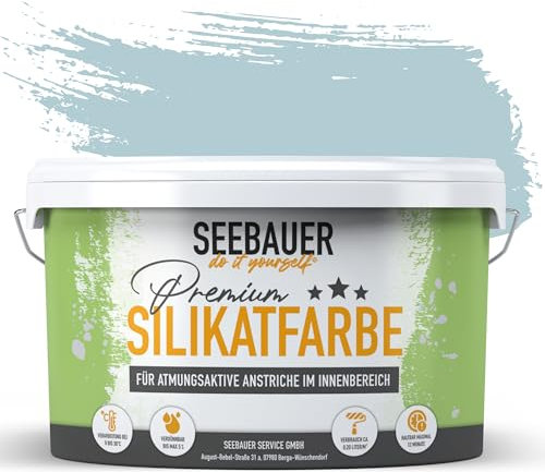 SEEBAUER diy Silikatfarbe Hellblau 10L für Innen (No. 826 Thistle Blue) Atmungsaktive Mineralfarbe für Allergiker - Abwaschbare Wandfarbe - Blautöne hohe Deckkraft