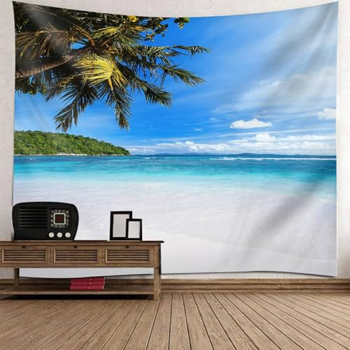 Mesnt Wandteppich Strand XXL 240x220, 240x220cm Natürliche Meeresstrandlandschaft Wandteppiche Wandkunst für Schlafzimmer Wohnzimmer | Blau Grün