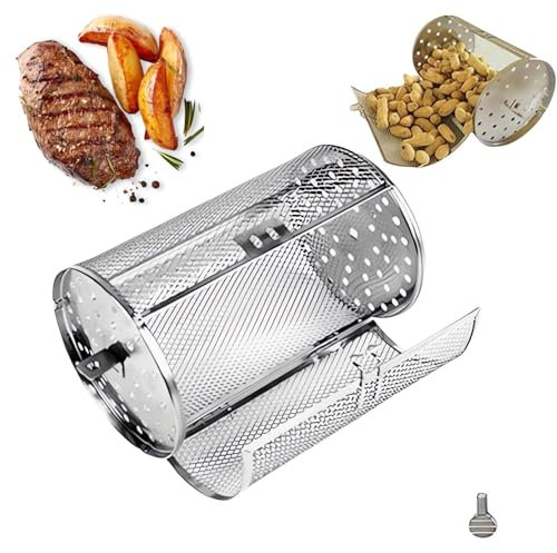 JUWTEEI Drehspieß aus Edelstahl, automatisch rotierender Grillkorb, um 360 Grad drehbarer Grillkäfig, rollender Outdoor-Grillkorb, rotierender Stahlgrill