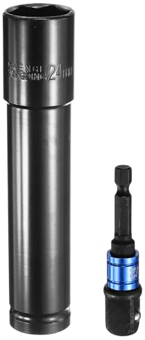 sourcing map Deep 6-Point Impact Socket 1/2 Drive 24mm Metric Socket 6 Length with 1/4 Hex Shank Adapter, CR-V Steel Socket Adapter Accessory Tool Set Kit for Hex Bolts Nuts