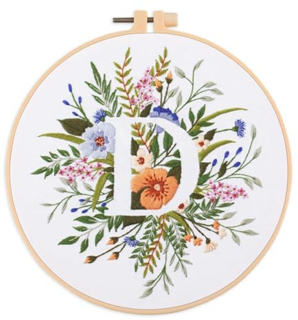 Abillyn Stickerei-Starter-Set, englischer Buchstabe D und Blumen, gestempelt mit gedrucktem Muster, Kreuzstich-Sticksets (Buchstabe D)