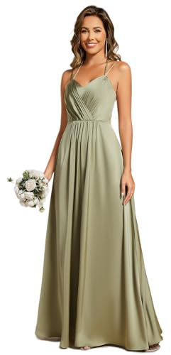 Ever-Pretty Maxi Sleeveless Backless Lace-Up A-Line Satin Bridesmaid Dress Sage Green 14UK