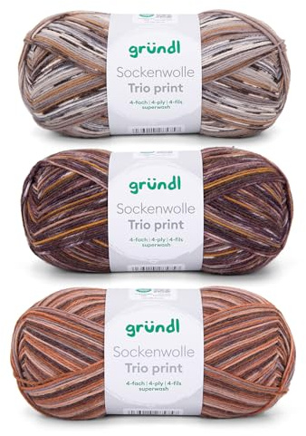 Gründl Wolle Sockenwolle Trio 3 x 100 g, Braun senf grau | Strickgarn für 3 Paar Socken Strapazierfähig und hautfreundlich 75 % Schurwolle, 25 % Polyamid - 420 m - Nadelstärke 2,5 - 3