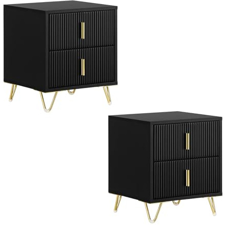 SoBuy 2er Set Nachttisch mit 2 Schubladen, Goldbeine 40x40x47cm | Moderner Beistelltisch mit Metallbeinen, ideal für Schlafzimmer Wohnzimmer, Studenten & Familie, Schwarz FBT115-SCHx2
