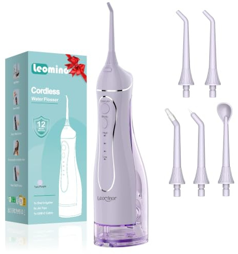 Leominor Irrigatore orale portatile da 300 ml, con serbatoio rimovibile, impermeabile IPX7, ricaricabile, per pulire i denti da viaggio, professionale (T-viola)