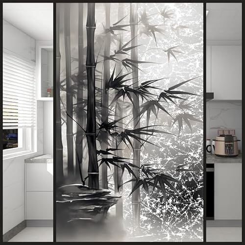Film Opaque Vitrage Chinois Noir Bambou Stickers Fenetre Electrostatique Film Vitre Anti Regard Bureaux Salle de Bain Cuisine Brise Vue Fenetre Opaque 70x120 cm