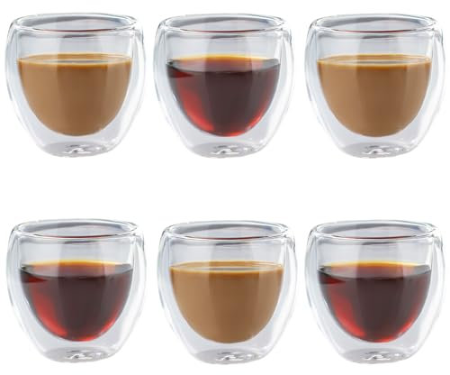 Juego de 6 tazas de espresso, 80 ml, vasos de doble pared, bonito y práctico, adecuado para la preparación de café helado, té de frutas, leche en familias y cafés