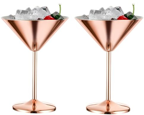 Beufee Set di 2 bicchieri da Martini in acciaio inossidabile, 230 ml, bicchieri da Martini in metallo infrangibile color oro rosa, calice da cocktail in rame, bicchiere per Margarita,