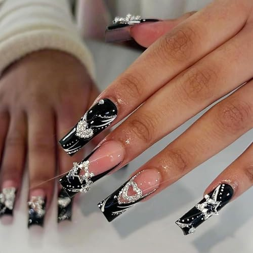 Virellay 24 Stück Lang Ballett Fingernägel - Herz Stern Schwarz Aufkleber Nägel, Rechteck Design, Glitter Klebenagel Pads, Französisch künstliche nägel zum aufkleben für Frauen (Black star)