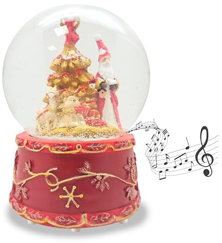 Schneekugel Weihnachten Spieluhr | Weihnachtsmann rot Gold | Sockel Weihnachtsstern | mit Musik Stille Nacht, heilige Nacht | H:16 cm B: 12 cm | Schüttelkugel | 20023