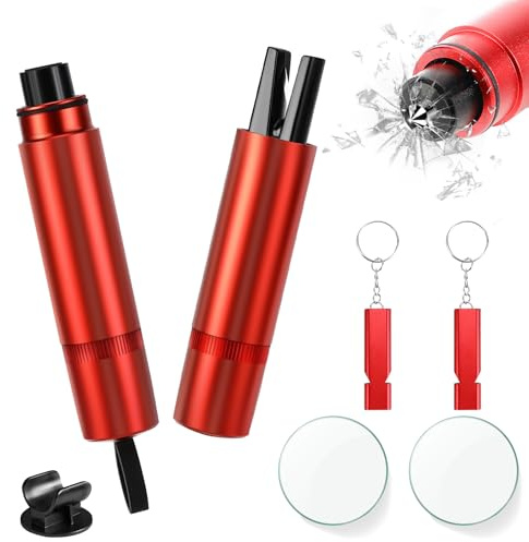 2 Pièces Marteau de Sécurité pour Voiture,Brise Vitre Coupe Ceinture | 2 en 1 Coupe Ceinture Brise Vitr avec Socle,pour Voiture Outil d'Évasion d'urgence - (Rouge)