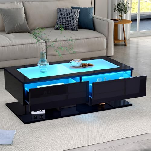 Generisch 100 * 50 * 35cm Couchtisch Hochglanz Sofa Tisch mit LED-Leuchten, Wohnzimmertisch mit Schubladen, Wohnzimmer LED Kaffeetisch mit Glasplatte, Schwarz (Schwarz)