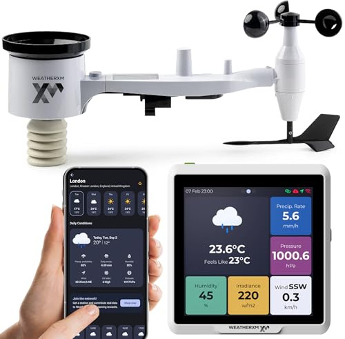 WeatherXM Station Météo WiFi - Station Météo Sans Fil 6 en 1 (Température, Humidité, Vent, Pluie, Pression, Solaire) - Prévisions Hyperlocales, Écran LCD Clair, Installation Facile