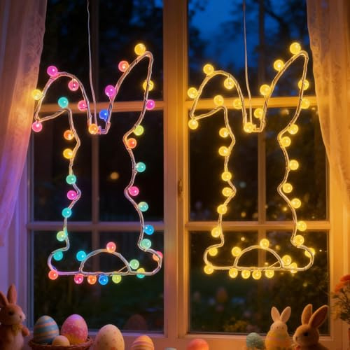Osterdeko LED Hase Fensterdeko mit Timer & Saugnapf, Osterhase LED Osterbeleuchtung, Lichterkette Ostern Deko Beleuchtet, Osterdeko Fenster Osterlichterkette, Osterhase Leuchtend (2 pcs)