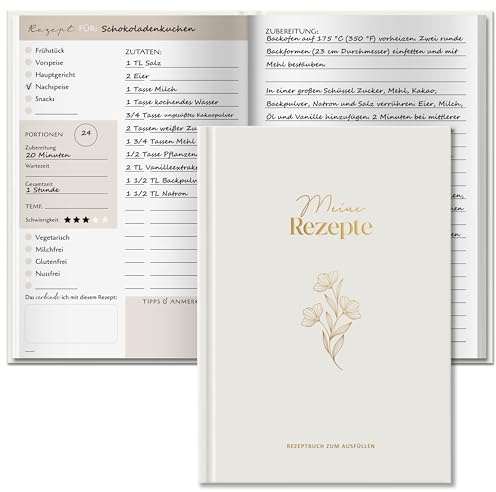 Rezeptbuch zum Selberschreiben, Kochbuch zum Selbstschreiben A5 - 100 Rezepte, 120g Dickes Papier, Einband mit Lesezeichen, mit Umrechnungstabelle für Küche, Ideal für Rezepte & Familienkochbuch