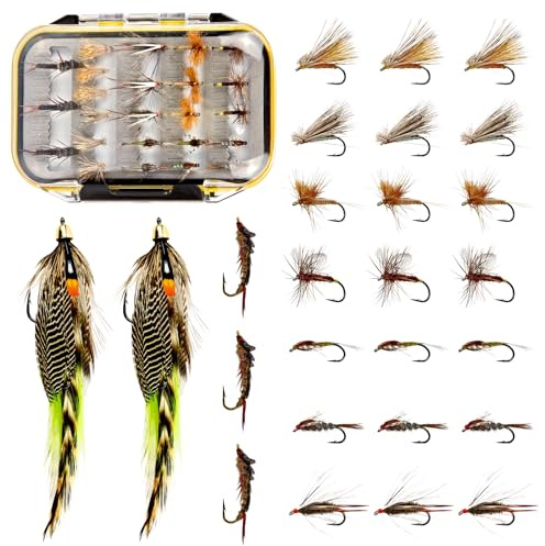 L PATTERN Juego de 24 moscas de pesca con mosca atada a mano, con caja de almacenamiento, moscas húmedas versátiles para trucha y tímalo