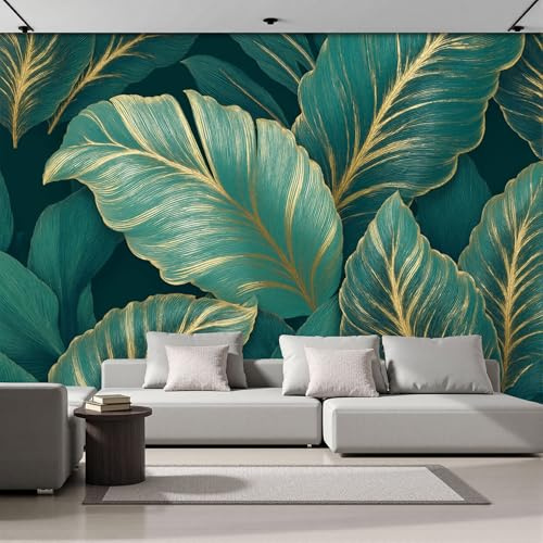 Carta Da Parati Effetto 3D Foglie Tropicali Con Filo D'Oro 350x256cm, Fotomurali Seta, Illustrazione Botanica Vittoriana Decor Poster Arte Murale Moderna per Casa Ufficio Camera Da Letto Soggiorno