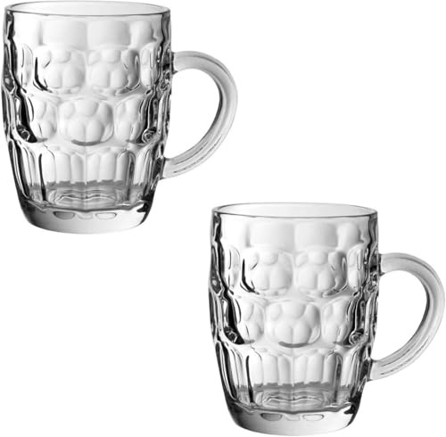 We Can Source It Ltd - Traditional Glass Pint Tankards Set of 2 – Dimpled Beer Mugs with Handle, Clear Britannia Style Pint Glasses, Classic Beer Stein Drinking Cups for Home, Pub & Parties