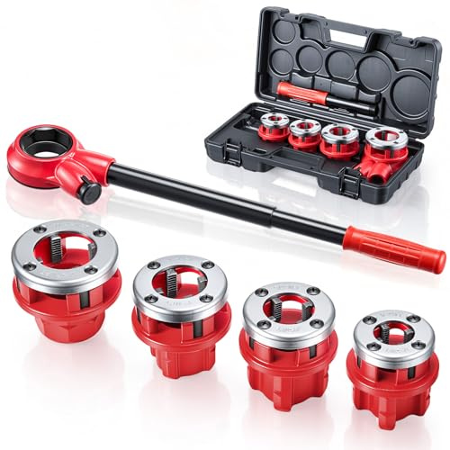 VEVOR Kit de Roscado de Tuberías con Trinquete, Terrajas 4 Medidas BSPT, Roscadora Manual para Tubos de Hierro Dúctil con Trinquete, Mango y Maletín Portátil para Reparación y Instalación de Tuberías