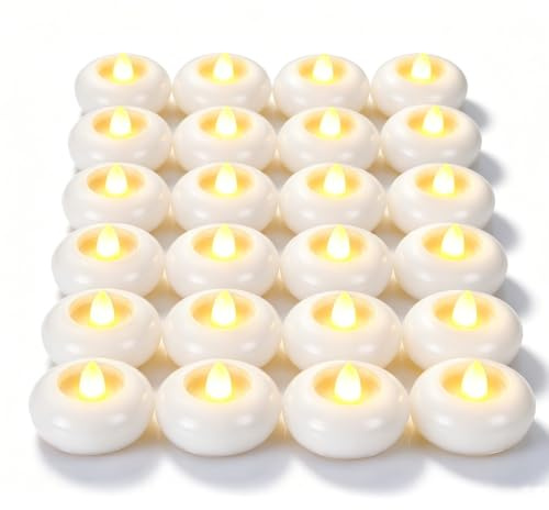 Hojalis 24 Pack Flameless LED Floating Candles, 2 Inch Water Activated Battery Operated Flameless Lights with Flickering Warm Glow, Waterproof Tealights for Wedding Cylinder Vases Pool Holiday Decor