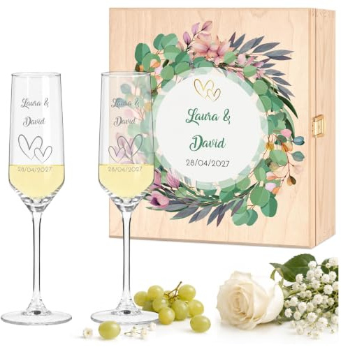 Maverton Flûtes à Champagne 200ml avec Boite Personnalisable | 2X Flute Champagne Verre Personnalisé avec Coffret en bois, Cadeau Couple Personnalisé, Cadeau Mariage Original, laurier