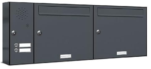 AL Briefkastensysteme 2er Briefkastenanlage mit Klingel Anthrazit Grau RAL 7016, Premium Doppel-Briefkasten DIN A4, 2 Fach Postkasten modern Aufputz