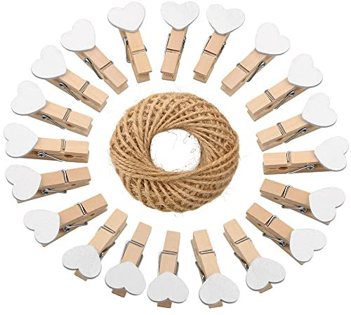 jijAcraft 100Pcs Heart Wooden Pegs: 3.5cm White Mini Photo Pegs and String, Wooden Craft Photo Display Clips for Wedding, Hanging Photos, Cards, Decoration
