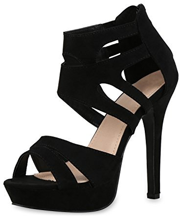 SCARPE VITA Damen Sandaletten Plateau High Heels Cut-Outs Stilettos 160354 Schwarz Cut-Outs 35