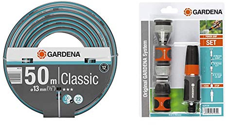 Gardena Classic Schlauch 13 mm (1/2 Zoll), 50 m: Universeller Gartenschlauch aus robustem Kreuzgewebe & Grundausstattung mit Anschlussteilen für 13 mm (1/2 Zoll)- und 15 mm (5/8”)-Schläuche