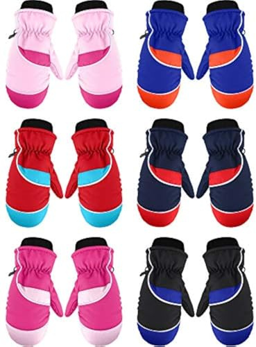 SATINIOR 6 Pair Kids Winter Snow Mittens Waterproof Toddler Ski Gloves for Children Outddor Activities(Colorful,5-10 Years)