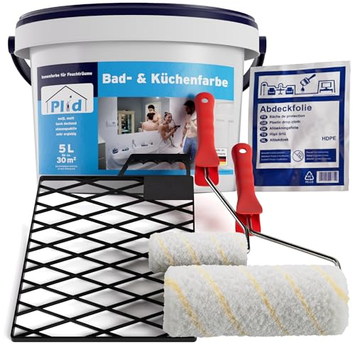 Plid Bad- & Küchenfarbe Weiß 5L Set – Feuchtraumfarbe für Innen | Anti Schimmelfarbe Innen für alle Wände | Hoch deckend | Atmungsaktiv | Feuchträume & Badezimmer | ca. 30 m²