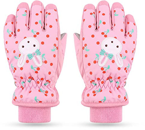 Pesaat Waterproof Kids Winter Gloves Fleece Lined Warm Children Mittens Rabbit Girls Ski Snowboard Glove 4-12 Years (Pink,L)