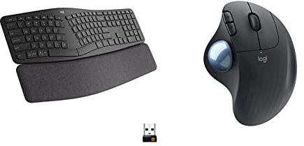 Logitech ERGO K860 Wireless Ergonomic Keyboard - Grey & ERGO M575 Wireless Trackball Mouse - Easy thumb control, precision and smooth tracking, ergonomic comfort design, for Windows, PC and Mac - Grey