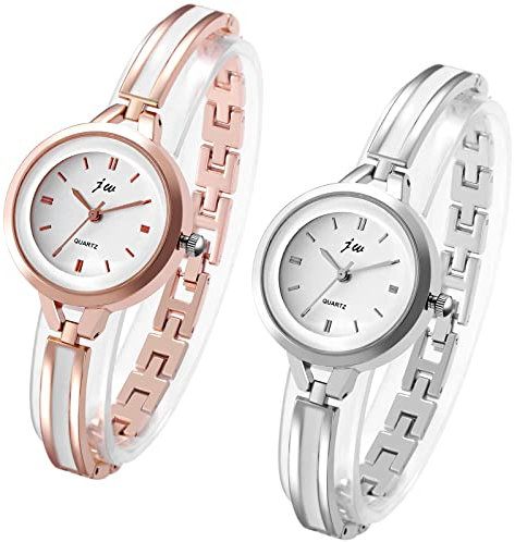 JewelryWe 2pcs Damenuhr Elegant Analog Quarz Armbanduhr Damen Klein Einfach Beiläufige Uhr Spangenuhr mit Metall-Armband Rosegold/Silber