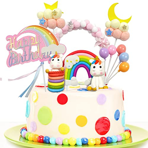 Einhorn-Kuchen-Deko Set für Mädchen - Mit 3D Heißluftballon, Regenbogen & Wolken - Happy Birthday Girlande & Torten-Topper - Für Kindergeburtstage