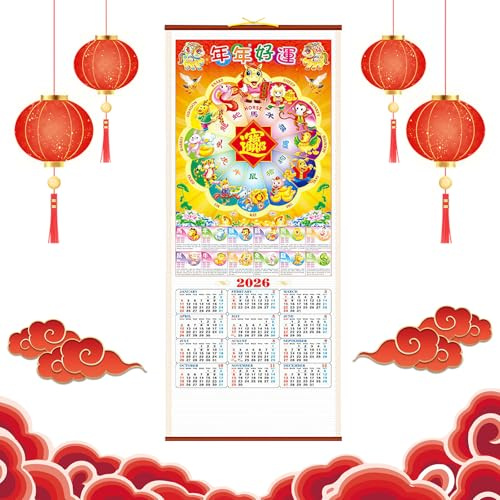 Calendario de Año Nuevo Chino 2026 Año del Calendario de Pared de Caballo 年年好運 Calendar Lunar Chino Animales Calendario Monthly Hanging Calendar Decoración del Hogar para Organización Planificación