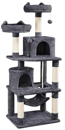 Abician Arbre à Chat Multiniveau Tour d'escalade Griffoir pour Chat avec 2 Perchoirs et 2 Niches Poteaux en Sisal Lit hamac Boule pour Chats de Taille Moyennne 158 cm de Haut Gris Foncé
