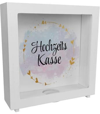 Hochzeit Rahmen Spardose aus Holz mit dekorativem Design und goldenen Herzen - Hochzeitskasse als Geschenkidee zur Verlobung um das geschenkte Geld der Hochzeit zu sammeln und für