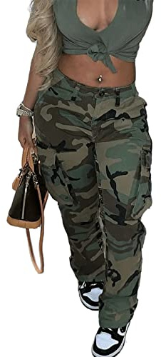 Women's Camo Cargo Pants Camouflage Military Elastic Long Slim Fit Trousers with Pockets