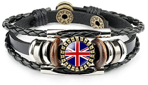 FWSHANGMAO Mens Bracelets, U.K. Flag Time Stone Bracelet Layered Braided Leather Bracelet Football Lovers Flag Pattern Bracelet World Cup Jewelry Charm Jewellery for Women Men Gift