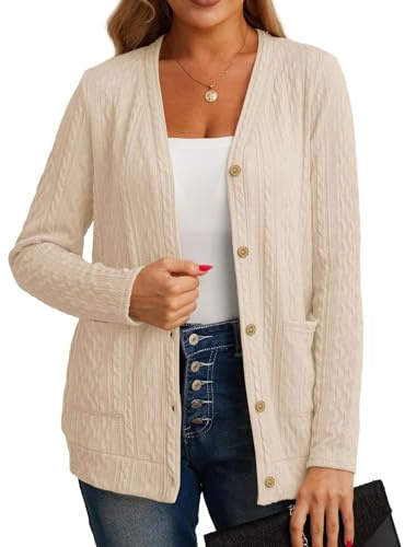 GRECERELLE Cardigan för damer, långärmad lätt kofta med knappar, ribbstickad kofta med knappar, ytterkläder, topp med öppen framsida och fickor, Aprikos, S