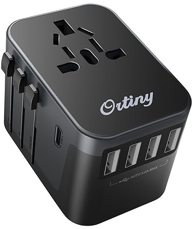Ortiny Reiseadapter Weltweit, Internationaler Steckdosenadapter mit 4 USB, 1 USB C und 1AC Steckdose Reisestecker 28W Fast Charge Universaladapter für Deutschland USA UK Thailand Italien Australien