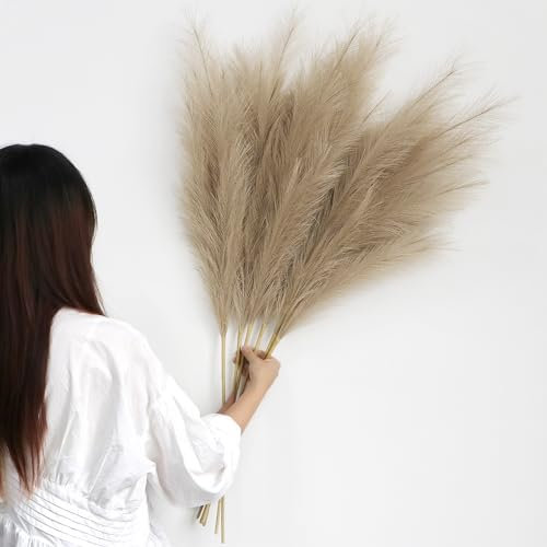YiYa Pampasgras Kunstblumen Deko 6 Stück 113CM Groß Künstliches Trockenblumen Strauß für Büro Dekor Wohnzimmer Hochzeit Schlafzimmer (Braun)
