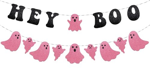 2 Stück Glitzer Halloween Girlande, Hey Boo Flagge, Geist Banner für Halloween Party Garten Outdoor Dekoration (Rosa)