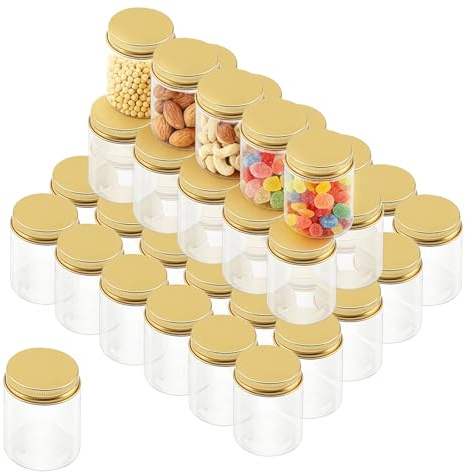 LEXININ 45 Pack 80ml Clear Plastic Spice Jars with Gold Lids, Small Reusable Empty Storage Containers for Spice Grain